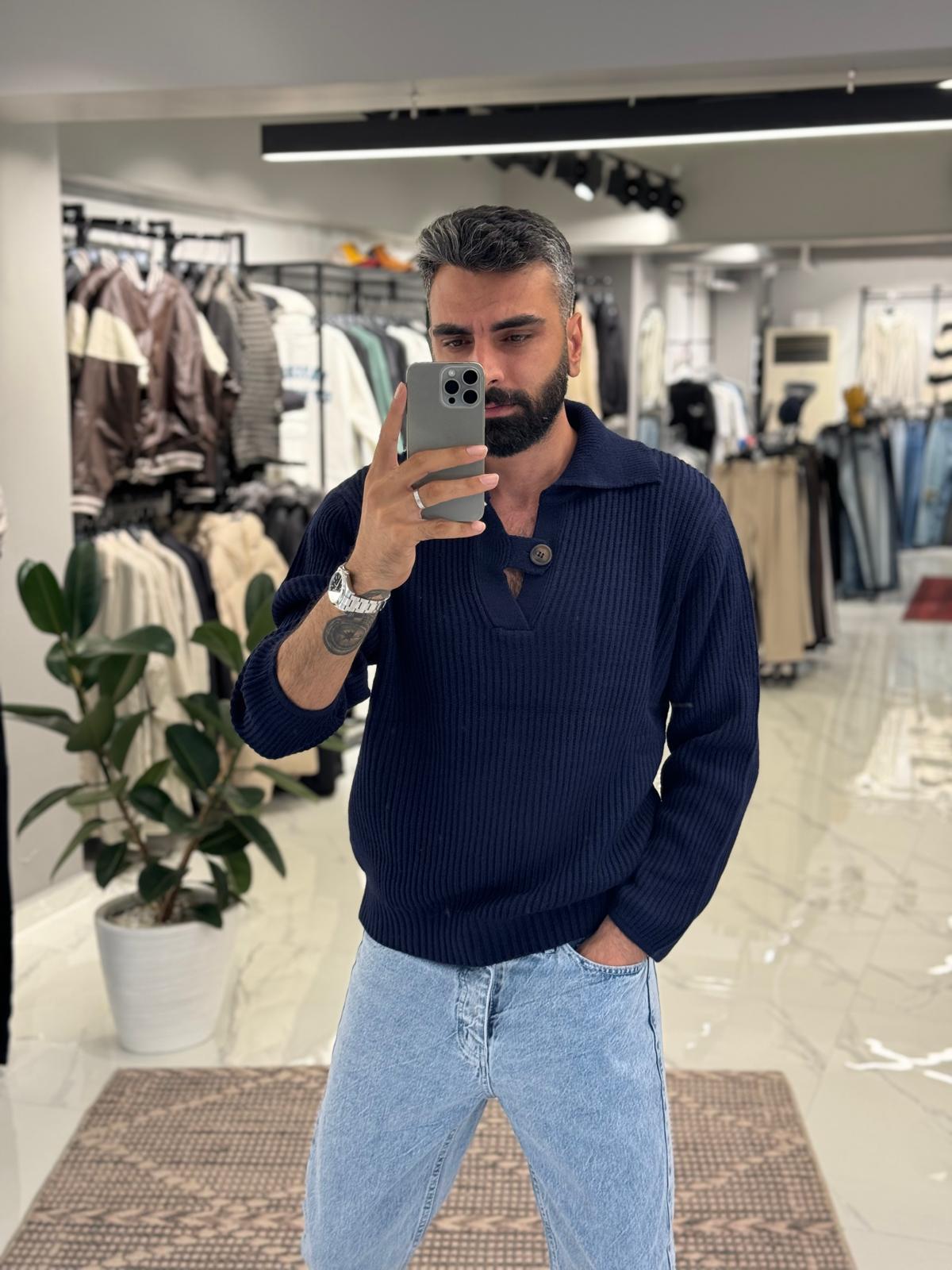Polo Yaka Düğme Detay Triko Lacivert