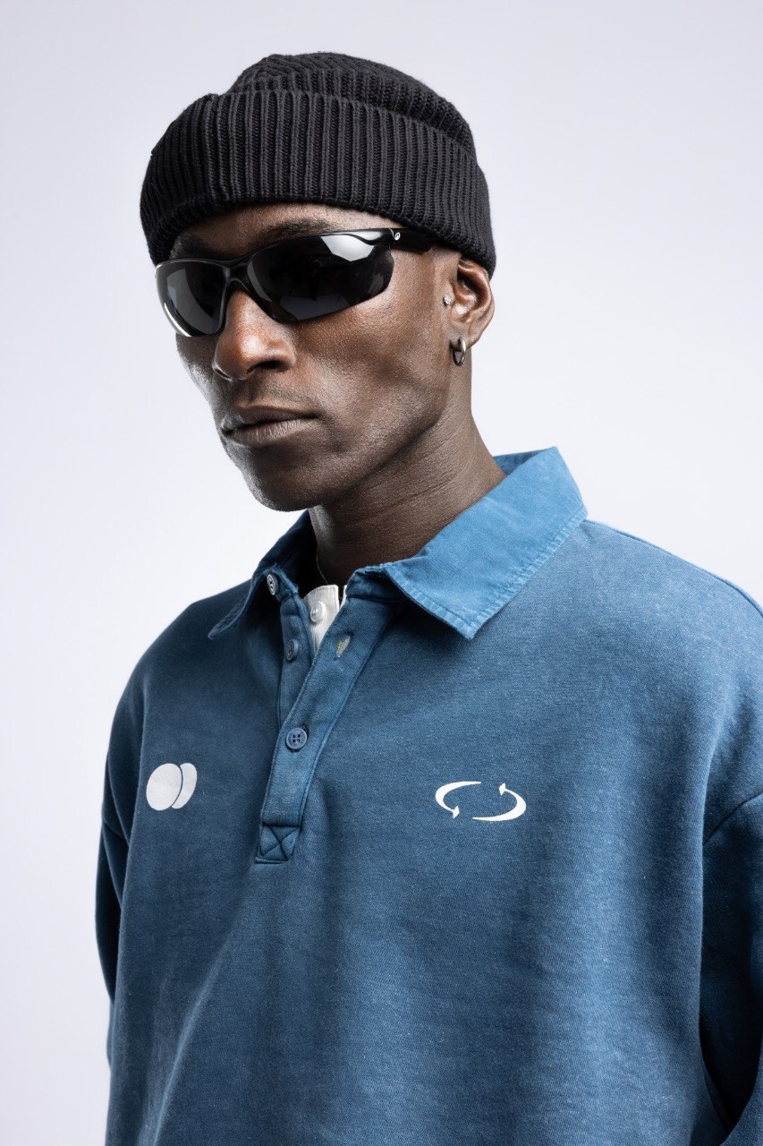 Polo Yaka Dugmeli Yazi Baskili Sweatshirt Lacivert