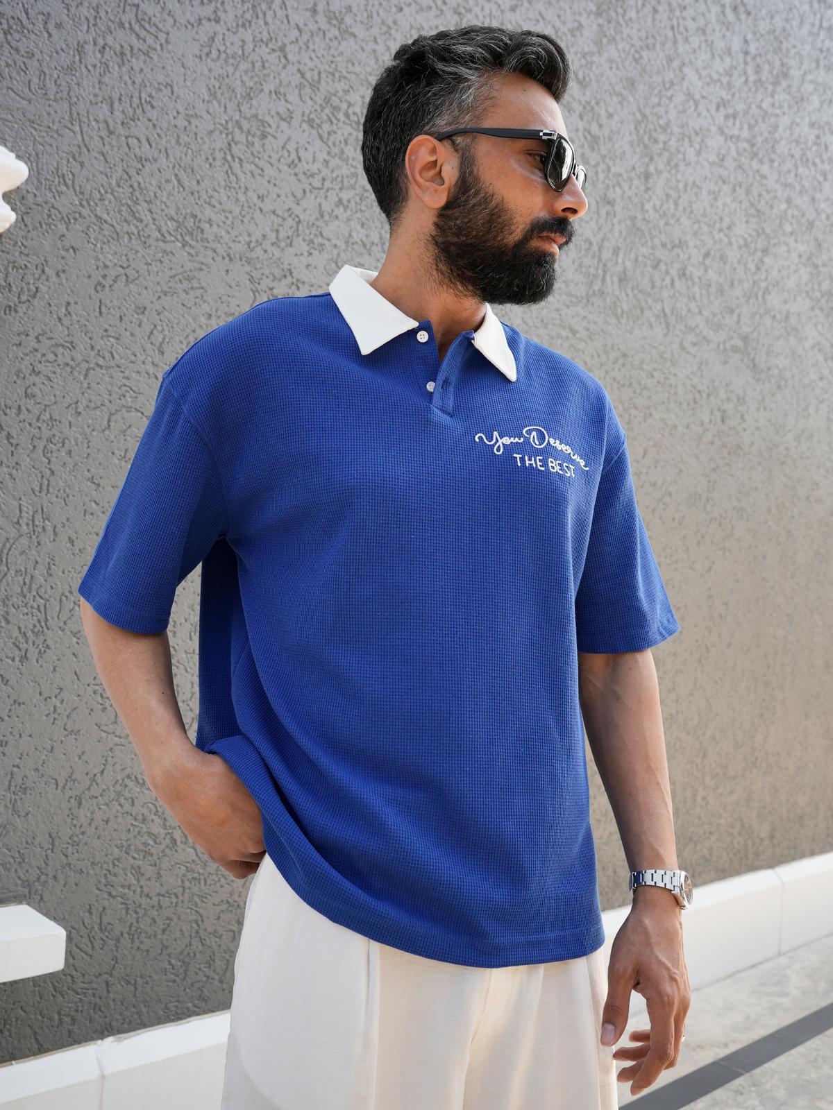 Polo Yaka Nakış Detaylı Triko T- Shirt Mavi