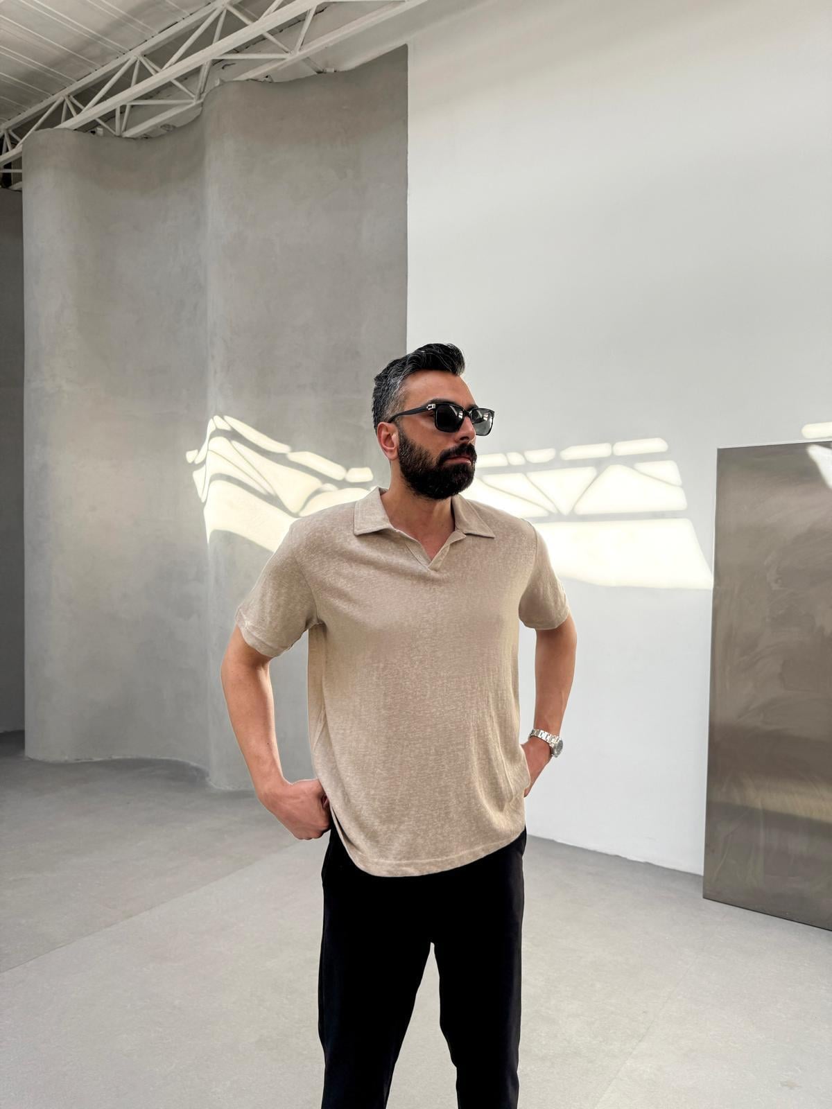 Polo Yaka Pamuk T-Shirt Krem