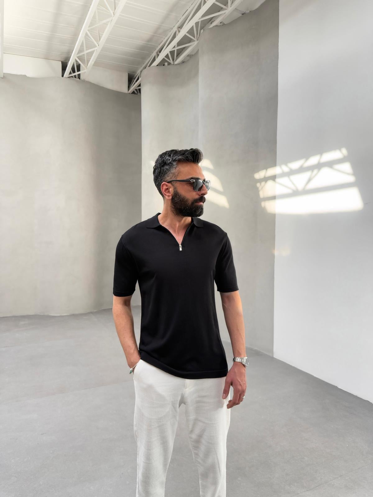 Polo Yaka Yarım Fermuar Tişört Siyah