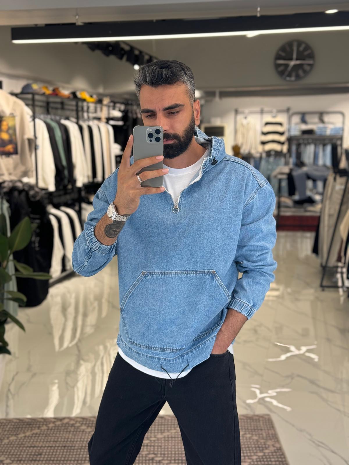 Premium Yarım Fermuar Kot Sweatshirt Mavi