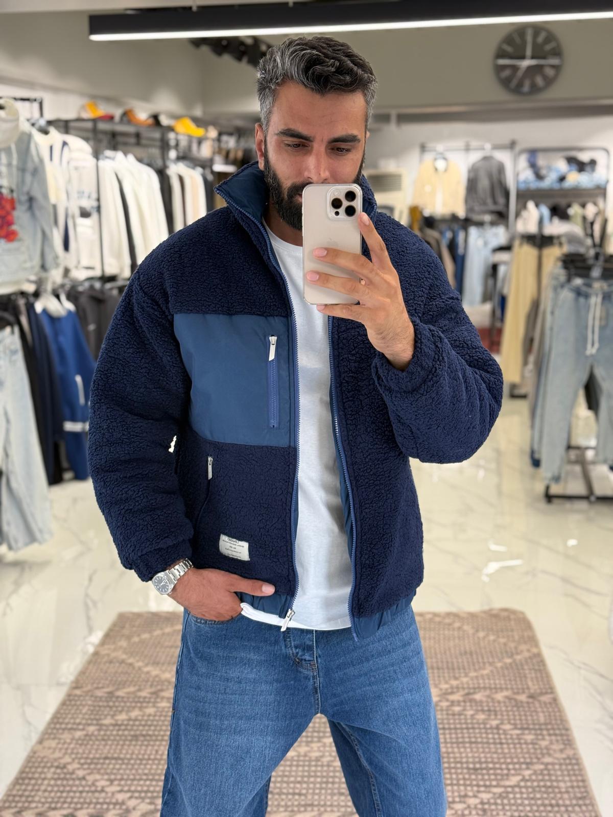 Rahat Kalıp Yakalı Peluş Mont Lacivert