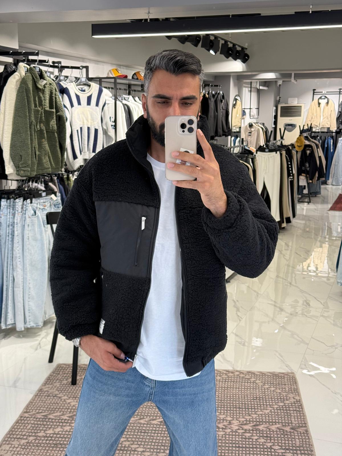 Rahat Kalıp Yakalı Peluş Mont Siyah