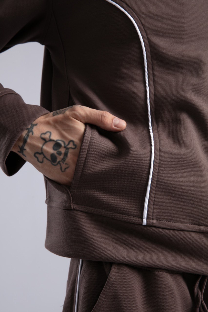 Şerit Detaylı Fermuarlı Sweatshirt Kahve