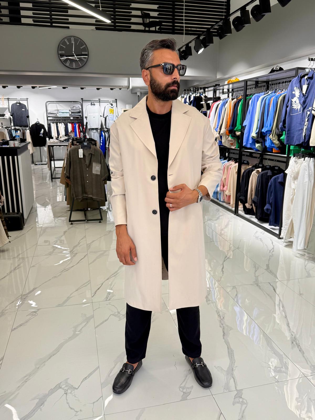 Tek Düğmeli Oversize Kalıp Trençkot Krem