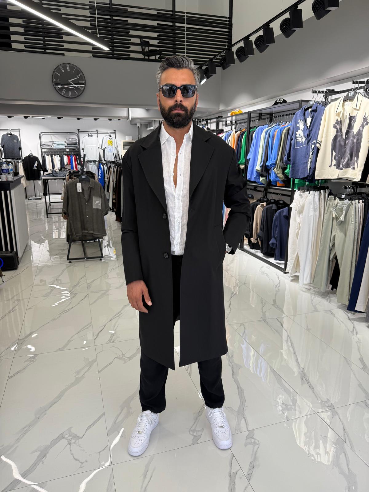 Tek Düğmeli Oversize Kalıp Trençkot Siyah