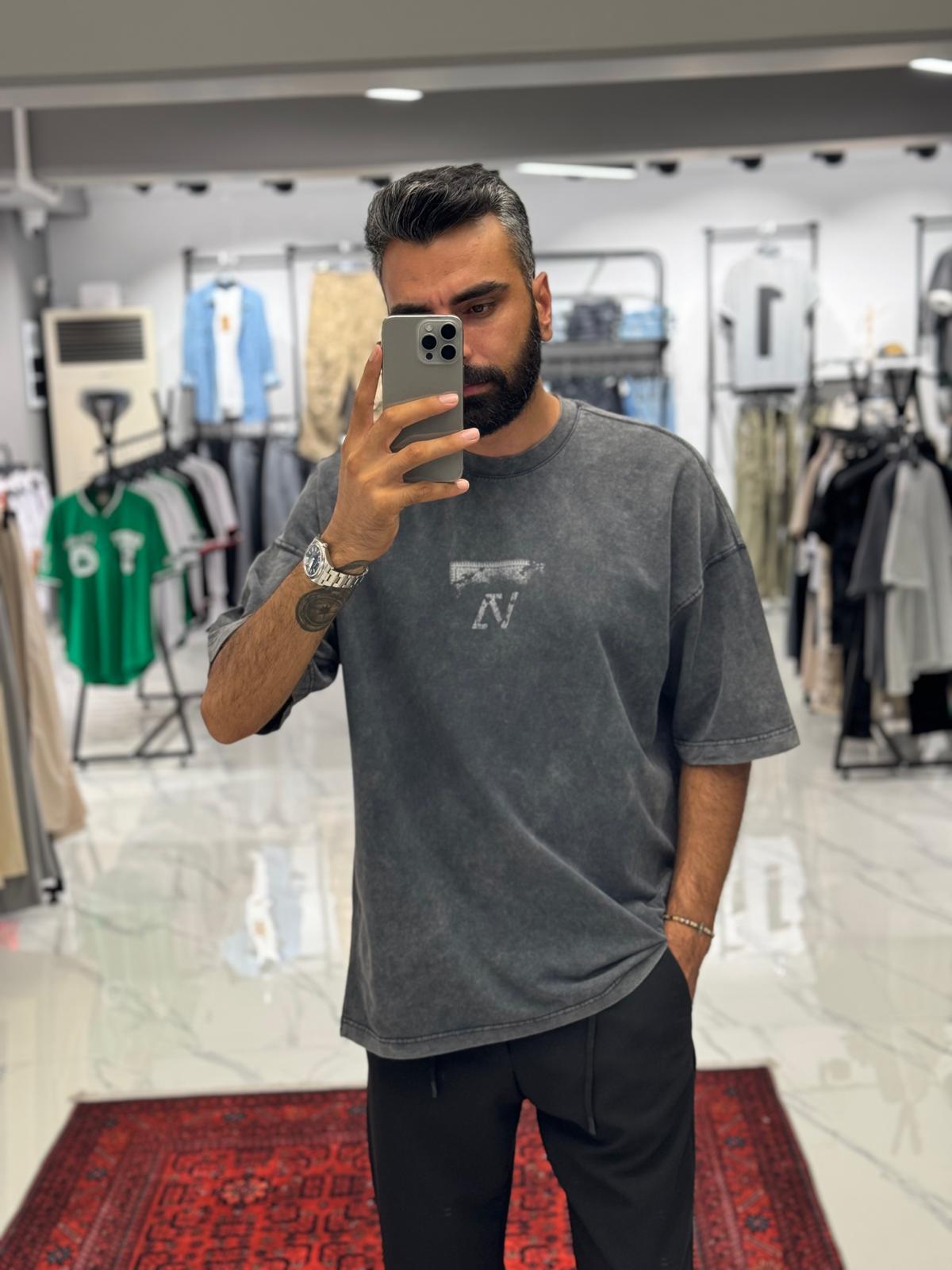 VA Baskılı Oversize Gri T-Shirt