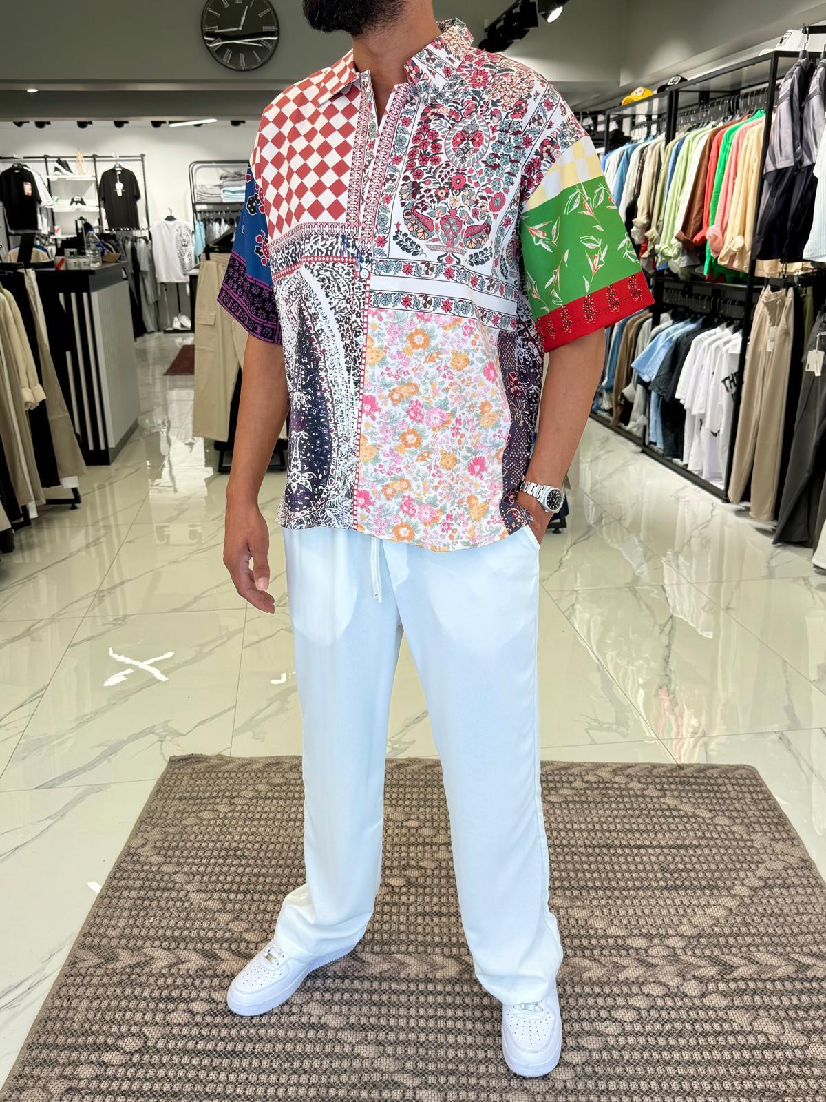 Vintage Desen Oversize Kalıp Gömlek Renkli