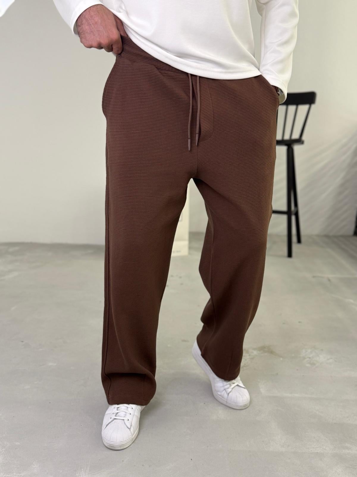 Waffle Kumaş Baggy Pantolon Kahve