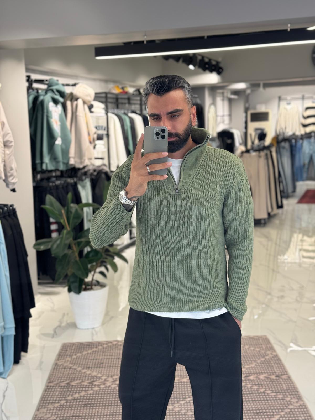 Yarım Fermuarlı Yüksek Yaka Triko Yeşil