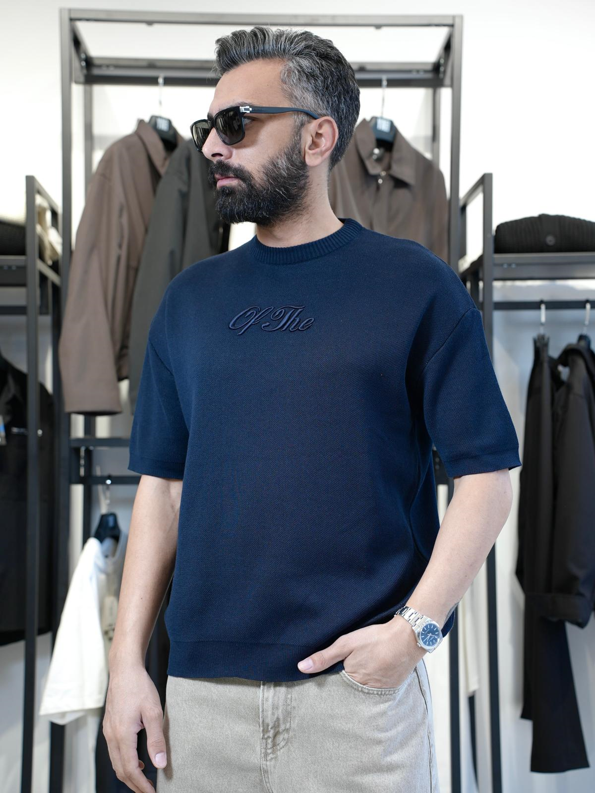 Yazı Detaylı Triko Tshirt Lacivert