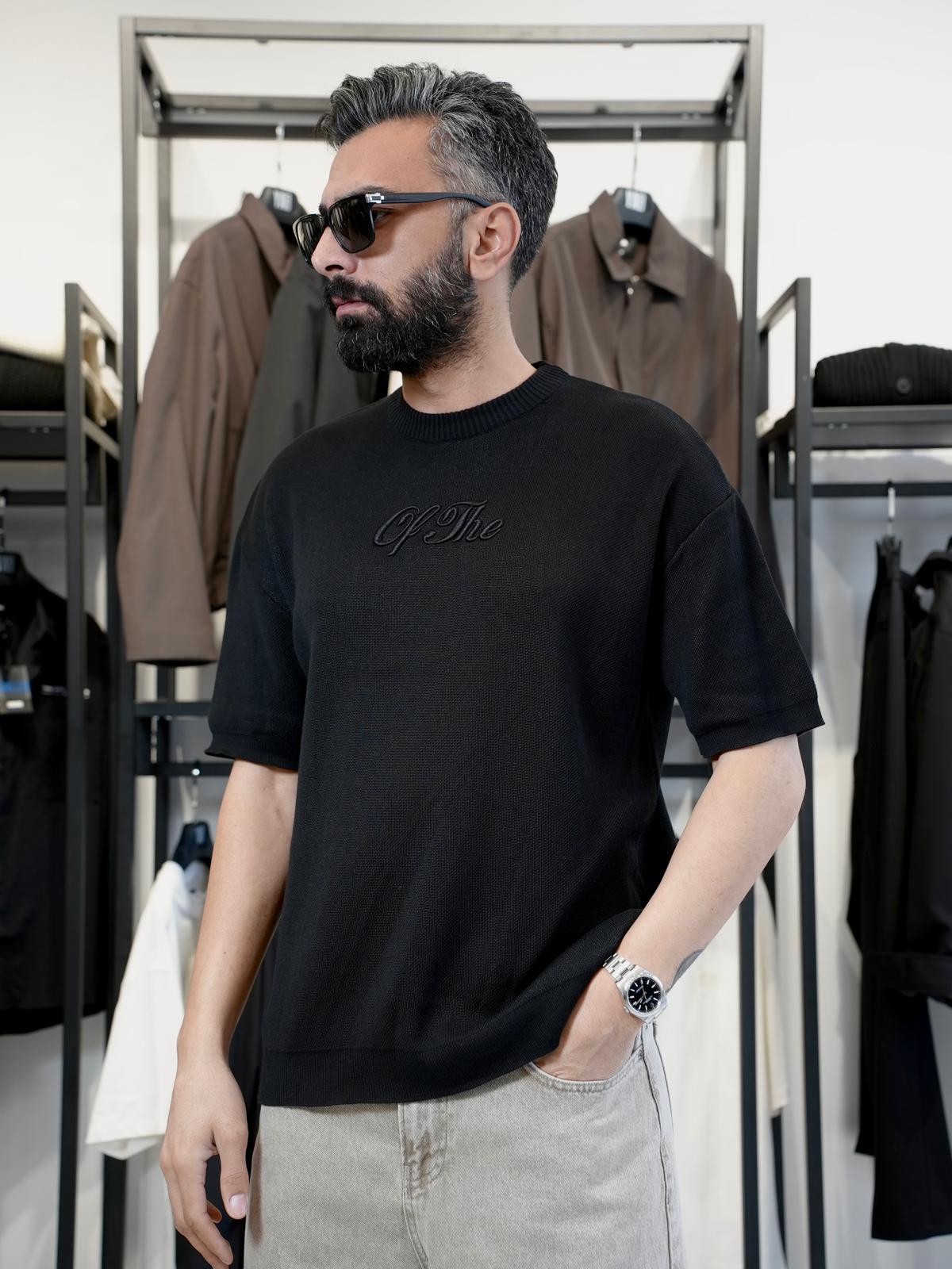 Yazı Detaylı Triko Tshirt Siyah