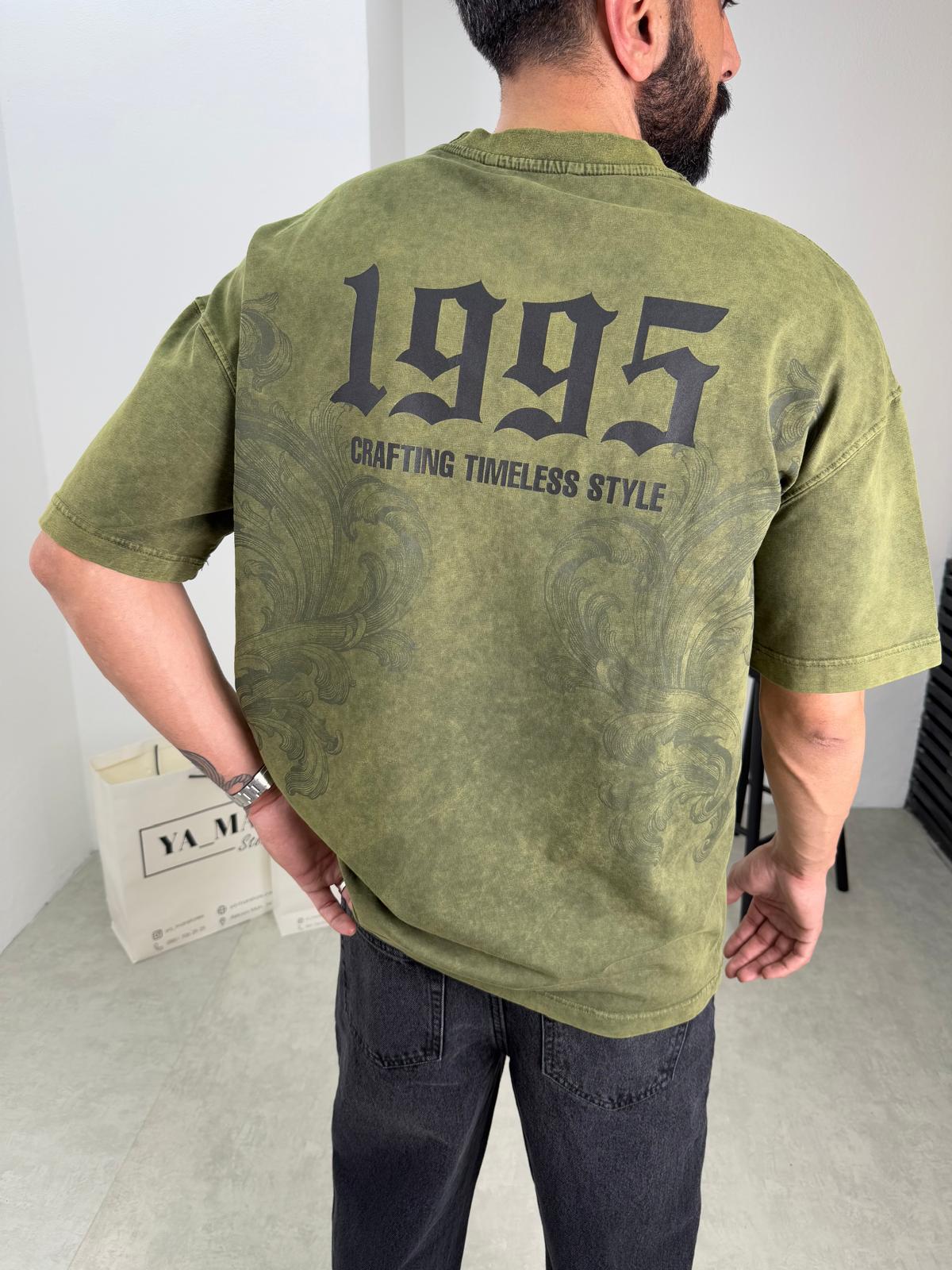 Yıkamalı Baskı Detaylı Oversize T-Shirt Haki