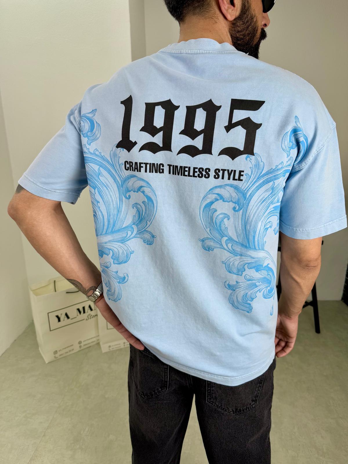 Yıkamalı Baskı Detaylı Oversize T-Shirt Mavi
