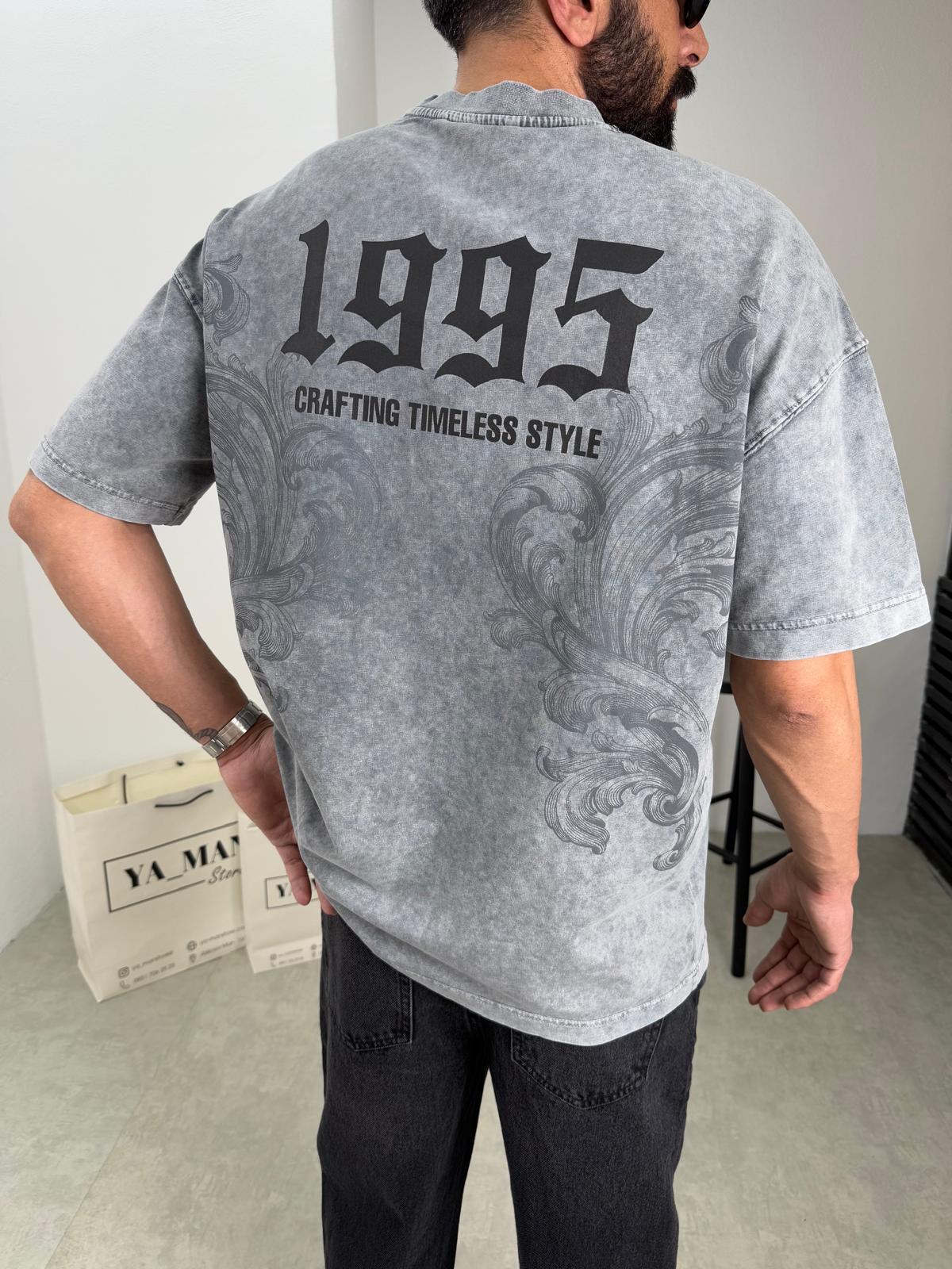 Yıkamalı Baskı Detaylı Oversize T-Shirt Gri