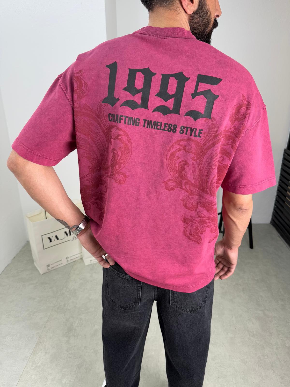 Yıkamalı Baskı Detaylı Oversize T-Shirt Nar Çiçeği