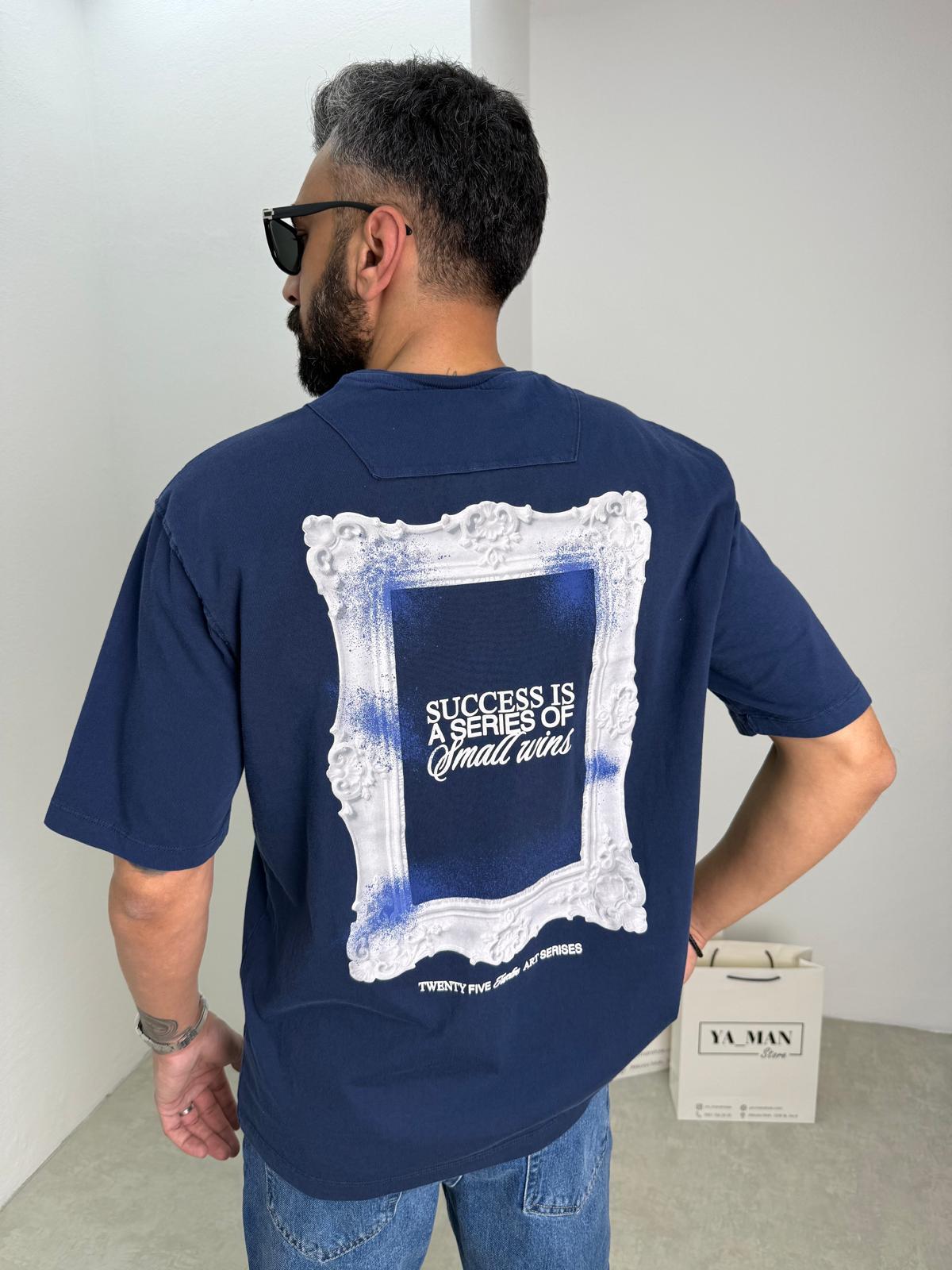 Yıkamalı Çerçeve Baskılı T-Shirt Mavi