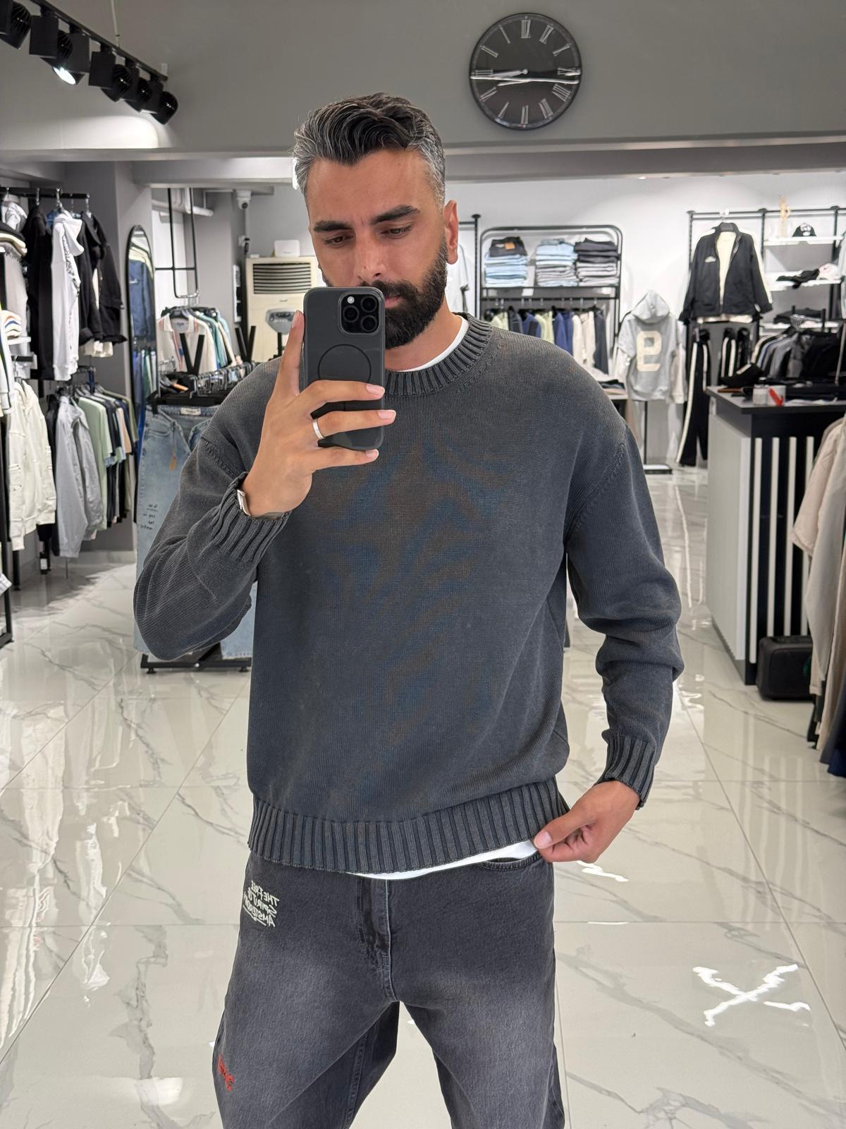 Yıkamalı Oversize Kalıp Kazak Gri