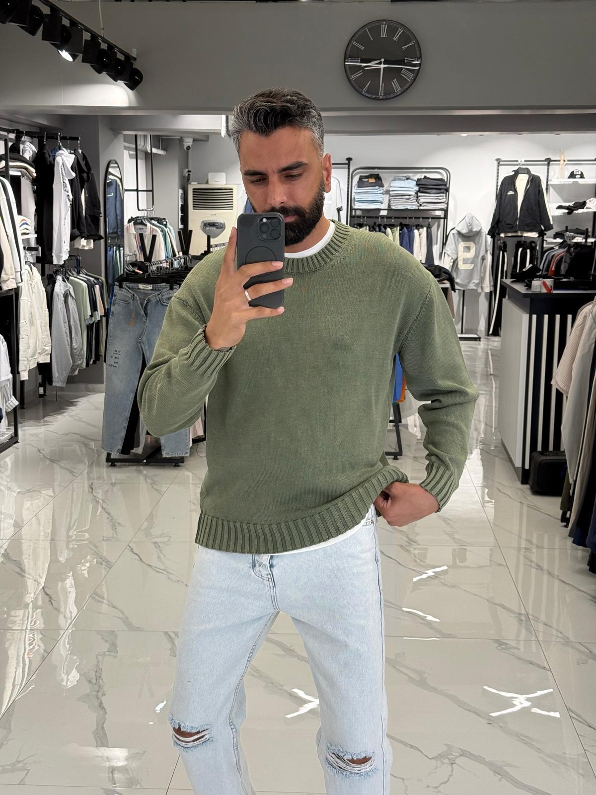 Yıkamalı Oversize Kalıp Kazak Haki