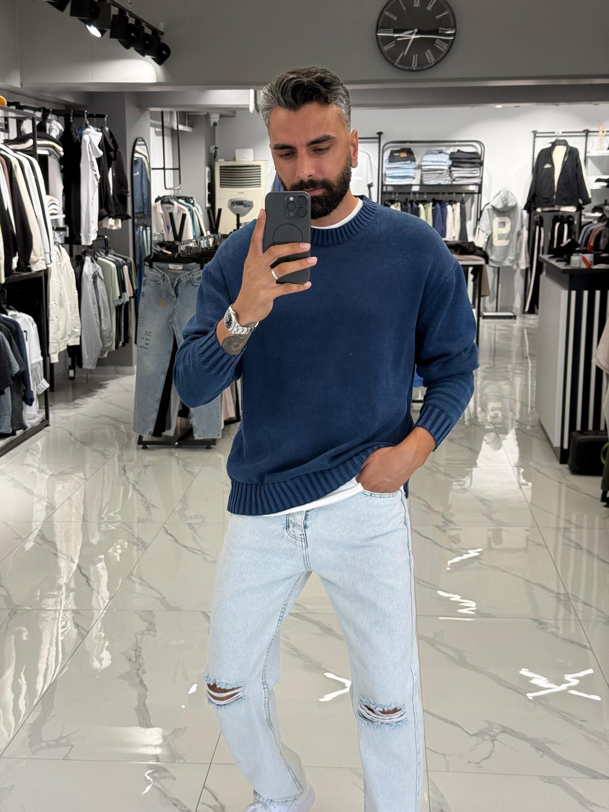 Yıkamalı Oversize Kalıp Kazak Lacivert
