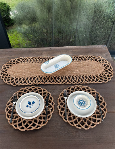 2 Kişilik Sofra Seti Hasır Görünümlü Amerikan Servis- Runner - Leke Tutmaz