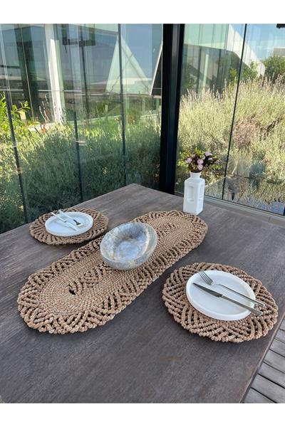 2 Kişilik Sofra Seti Hasır Görünümlü Amerikan Servis- Runner - Leke Tutmaz Natural