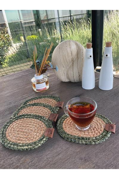 4 Adet Oval Dekoratif Bardak Altlığı Seti - Yuvarlak , Leke Tutmaz - Naturel-yeşil 13x17 Cm