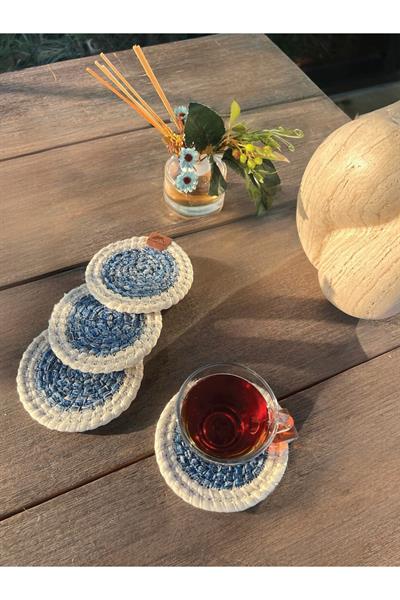 4 Adet Yuvarlak Bardak Altlığı- Leke Tutmaz- Beyaz-Mavi 13x13 cm