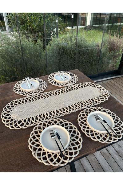 4 Kişilik Hasır Görünümlü Amerikan Servis ve Runner Takımı