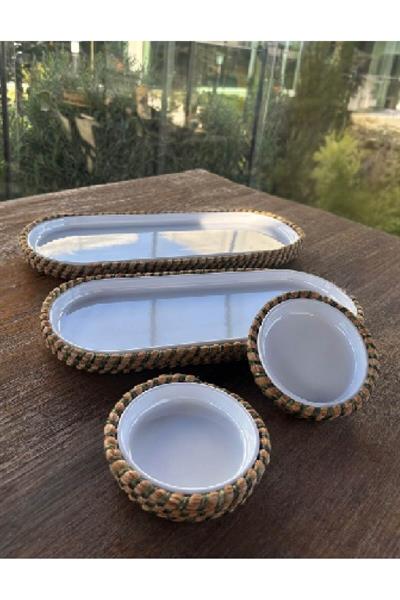 4 ’lü Melamin Hasır Görünümlü Servis ve Sunum Seti – Şık Masa Sunumları İçin - Yeşil