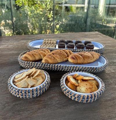 4'lü Hasır Görünümlü Servis ve Sunum Seti – Şık Masa Sunumları İçin – Natural-Mavi