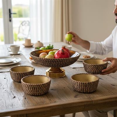 5 Parça Sunum Seti – Doğal Dokulu El İşçiliği Görünümlü Meyvelik ve Kaseler