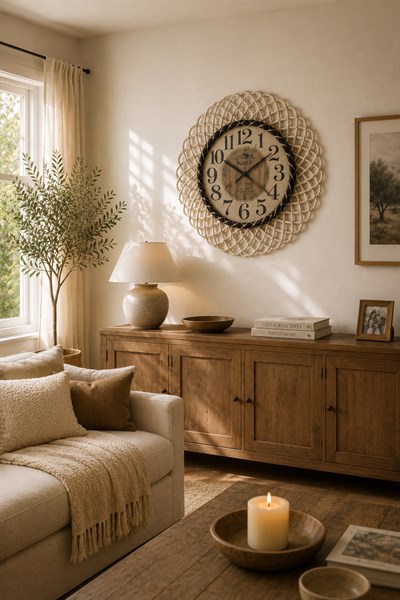 Bohem Hasır Çerçeveli Duvar Saati – Modern Görünümlü Dekoratif Salon Saati – 43 cm Beyaz/Natural