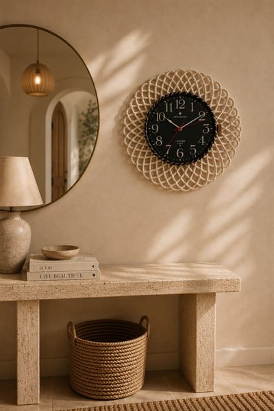 Bohem Hasır Çerçeveli Siyah Detaylı Duvar Saati – Modern Görünümlü Dekoratif Saat – 43 cm