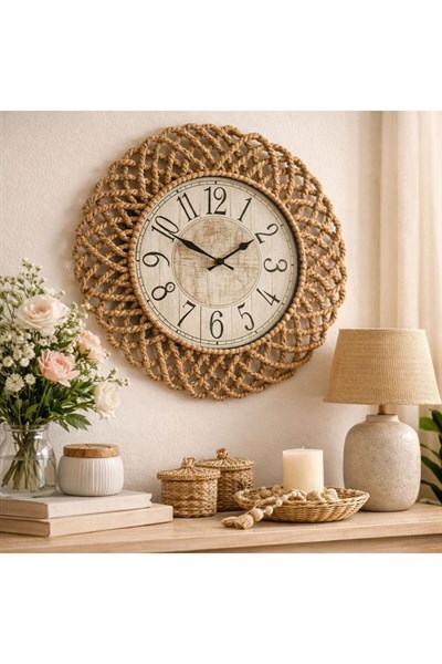 Bohem Hasır Görünümlü Duvar Saati – Modern Görünümlü Dekoratif Salon Saati – 43 cm