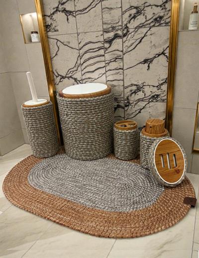 Doğal Dokulu Hasır Görünümlü 6 Parça Banyo Takımı – Zarif ve Modern - Natural - Gri