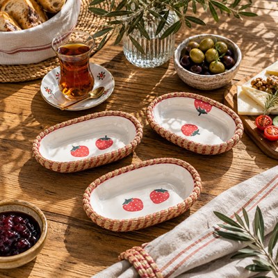 El Yapımı Sunum Kase Seti | Leke Tutmaz | Hasır Görünümlü İp Kenar Tasarım – 3'lü Sunum Seti