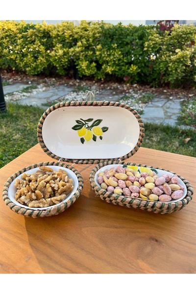 El Yapımı Sunum Kase Seti | Leke Tutmaz | Hasır Görünümlü İp Kenar Tasarım – 3’lü Sunum Seti