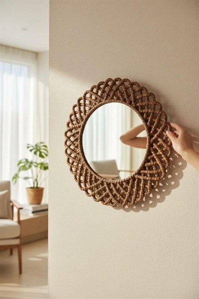 Hasır Görünümlü Dekoratif Duvar Aynası 33 cm – Rustik & Bohem Ev Dekorasyon Aksesuarı