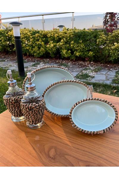 Hasır Görünümlü Leke Tutmaz 5’li Sofra Seti – Yağlık & Sirkelik Dahil El Yapımı Sunum Takımı