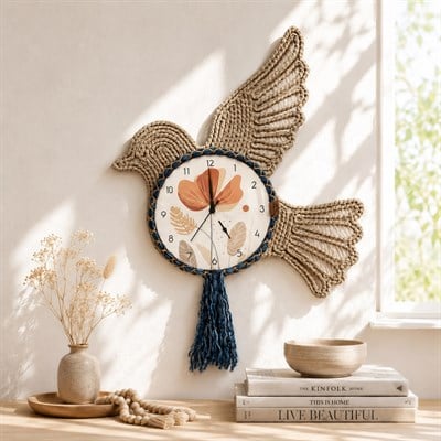 Kuş Figürlü Makrome Duvar Saati 43 cm | El Örgüsü Bohem Dekoratif Saat | Salon, Balkon, Antre ve Yazlık Ev Dekoru