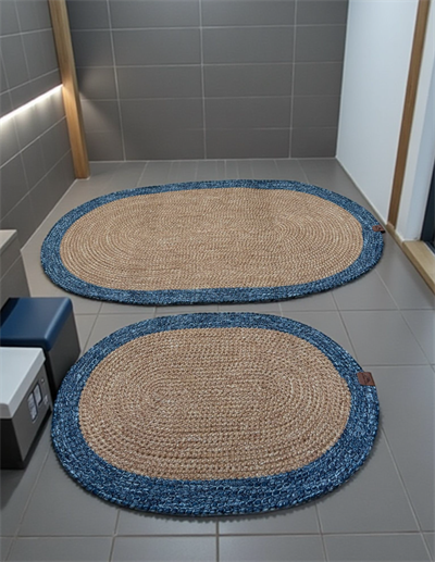 Mavi Kenarlı Hasır Görünümlü 2'li Oval Banyo Paspas Seti - El Yapımı