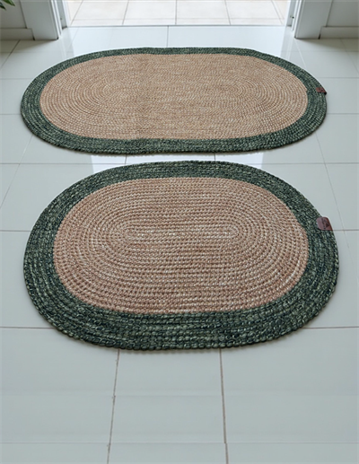 Mavi Kenarlı Hasır Görünümlü 2'li Oval Banyo Paspas Seti - El Yapımı