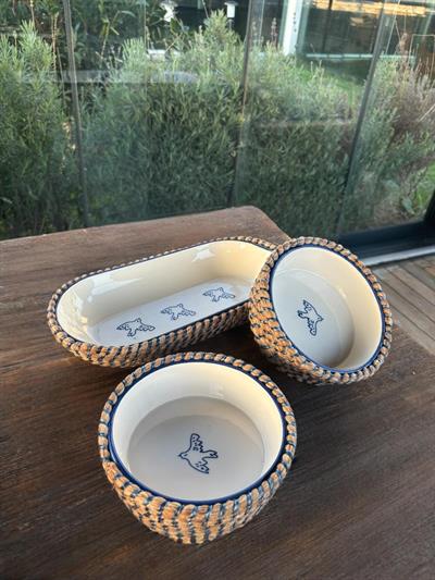 Mavi Kuş Desenli Hasır Görünümlü 3'lü Sunum Seti – Doğal ve Dekoratif Sunum Takımı