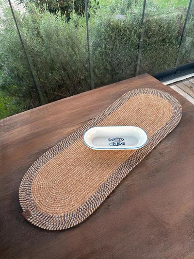 Modern Dokulu Mavi/Natural Oval Runner – Masa Üstü Dekor 35 x 100 cm