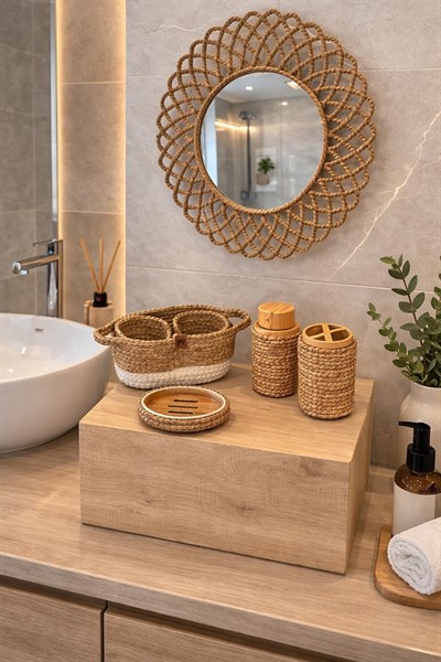 Örgü Banyo Seti – El Yapımı Dekoratif Ayna, Sepet, Sabunluk ve Diş Fırçalık 5’li Set