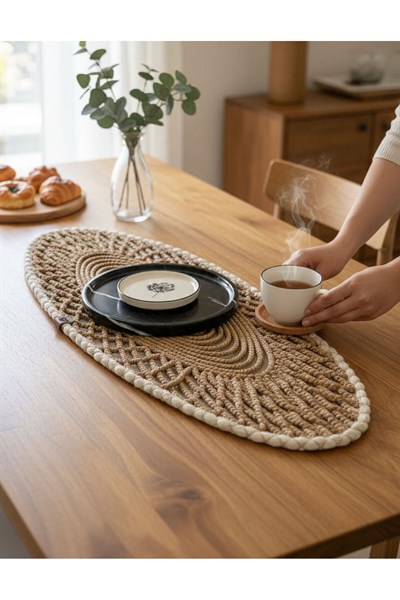Oval Modern Runner - 85x35 cm Örme Model Masa Örtüsü - Naturel Beyaz Desenli Runner