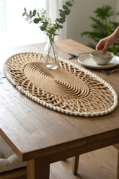 Oval Modern Runner - 85x35 cm Örme Model Masa Örtüsü - Naturel Beyaz Desenli Runner