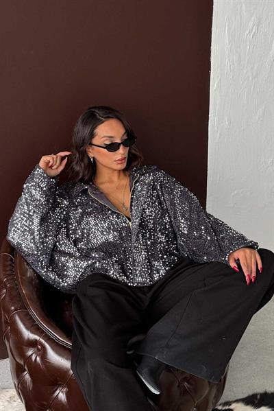 Oversize Pullu Kadife Bomber Mont Siyah - Gümüş